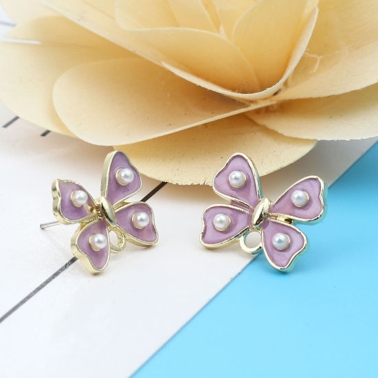亜鉛合金+アクリル イヤリング イヤリングパーツ リボン 金メッキ 白+紫 ループ付き 17mm x 14mm、 ワイヤーサイズ: （21号）、 4 個 の画像