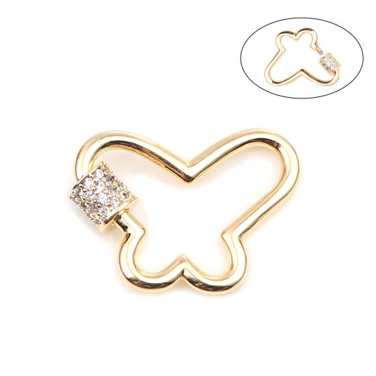 Picture of Zinc Based Alloy Screw Clasps Butterfly Animal 18K Gold Color Can Be Screwed Off Clear Rhinestone 24mm x 19mm, 1 Piece