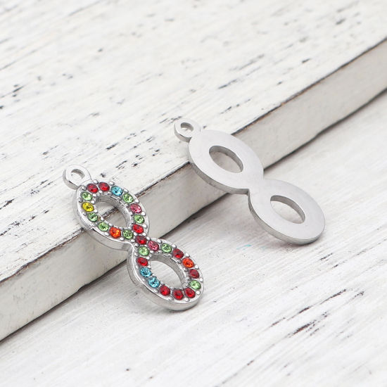 Picture of 304 Stainless Steel Charms Infinity Symbol Silver Tone Multicolor Rhinestone 26mm x 10mm, 2 PCs