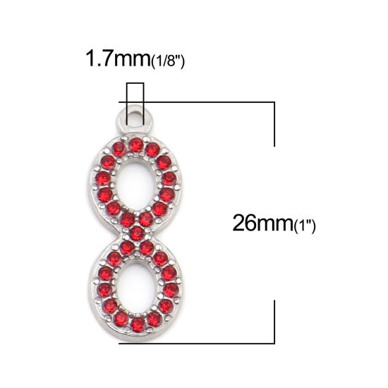 Image de Breloques en 304 Acier Inoxydable Symbole"Infini" Argent Mat à Strass Rouge 26mm x 10mm , 2 Pcs