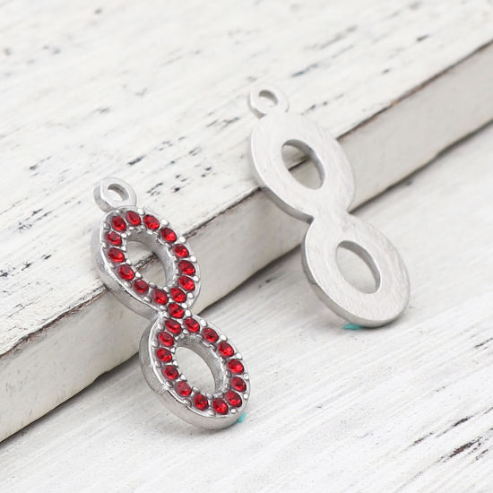 Picture of 304 Stainless Steel Charms Infinity Symbol Silver Tone Red Rhinestone 26mm x 10mm, 2 PCs