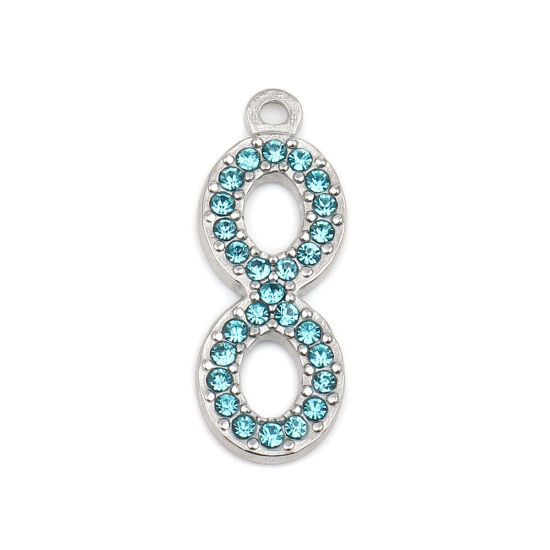 Picture of 304 Stainless Steel Charms Infinity Symbol Silver Tone Light Blue Rhinestone 26mm x 10mm, 2 PCs