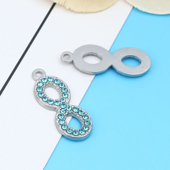 Picture of 304 Stainless Steel Charms Infinity Symbol Silver Tone Light Blue Rhinestone 26mm x 10mm, 2 PCs