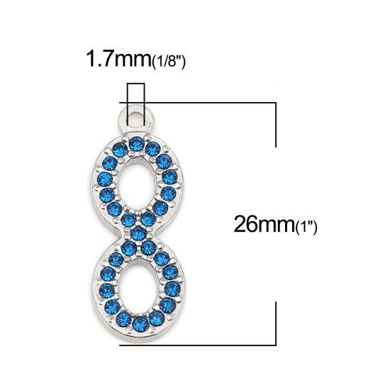 Image de Breloques en 304 Acier Inoxydable Symbole"Infini" Argent Mat à Strass Bleu Foncé 26mm x 10mm , 2 Pcs