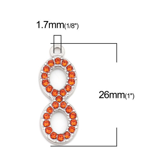 Picture of 304 Stainless Steel Charms Infinity Symbol Silver Tone Orange-red Rhinestone 26mm x 10mm, 2 PCs