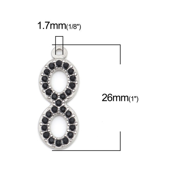 Image de Breloques en 304 Acier Inoxydable Symbole"Infini" Argent Mat à Strass Noir 26mm x 10mm , 2 Pcs
