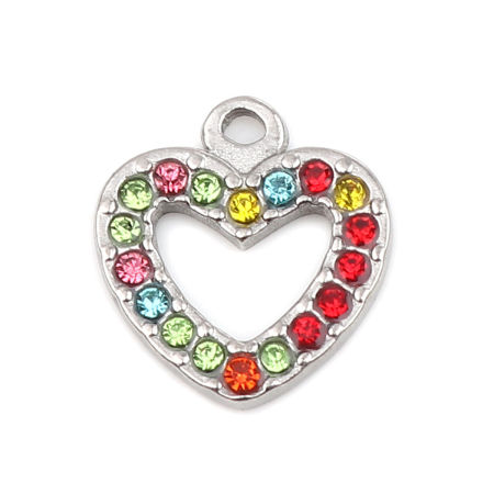 Picture of 304 Stainless Steel Charms Heart Silver Tone Multicolor Rhinestone 15mm x 14mm, 2 PCs