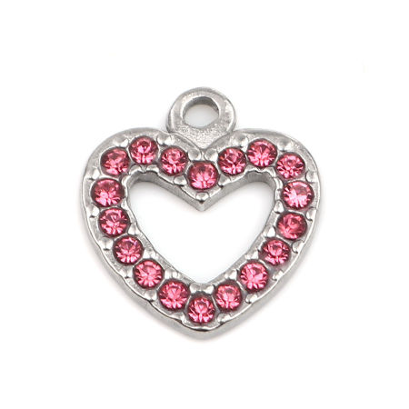 Picture of 304 Stainless Steel Charms Heart Silver Tone Pink Rhinestone 15mm x 14mm, 2 PCs