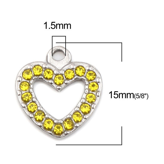 Bild von 304 Edelstahl Charms Herz Silberfarbe Gelb Strass 15mm x 14mm, 2 Stück