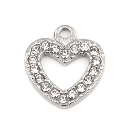 Bild von 304 Edelstahl Charms Herz Silberfarbe Transparent Strass 15mm x 14mm, 2 Stück