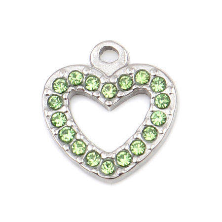 Picture of 304 Stainless Steel Charms Heart Silver Tone Green Rhinestone 15mm x 14mm, 2 PCs