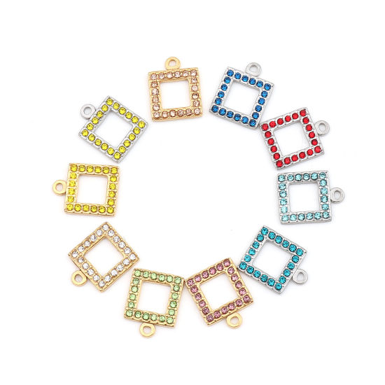Picture of 304 Stainless Steel Charms Square Silver Tone Lake Blue Rhinestone 16mm x 13mm, 2 PCs