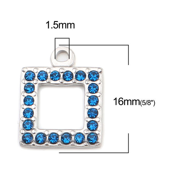 Picture of 304 Stainless Steel Charms Square Silver Tone Dark Blue Rhinestone 16mm x 13mm, 2 PCs