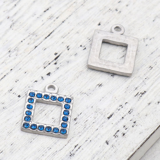 Picture of 304 Stainless Steel Charms Square Silver Tone Dark Blue Rhinestone 16mm x 13mm, 2 PCs