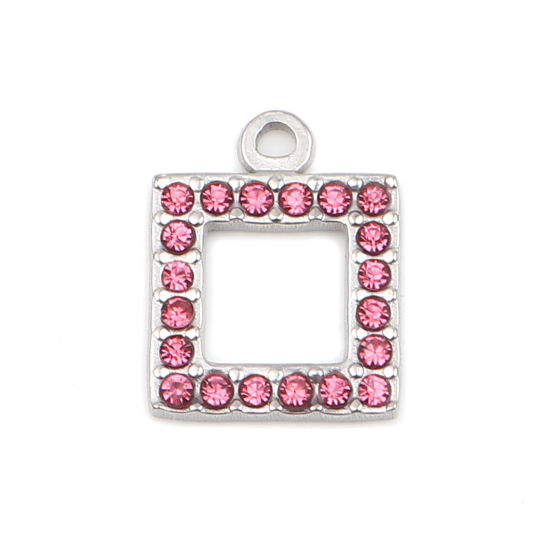 Picture of 304 Stainless Steel Charms Square Silver Tone Pink Rhinestone 16mm x 13mm, 2 PCs