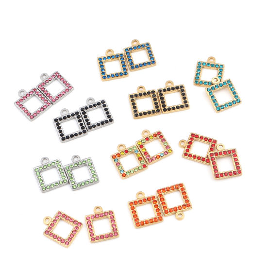 Picture of 304 Stainless Steel Charms Square Silver Tone Pink Rhinestone 16mm x 13mm, 2 PCs