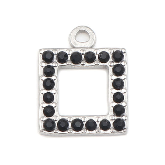 Picture of 304 Stainless Steel Charms Square Silver Tone Black Rhinestone 16mm x 13mm, 2 PCs