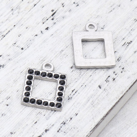 Picture of 304 Stainless Steel Charms Square Silver Tone Black Rhinestone 16mm x 13mm, 2 PCs
