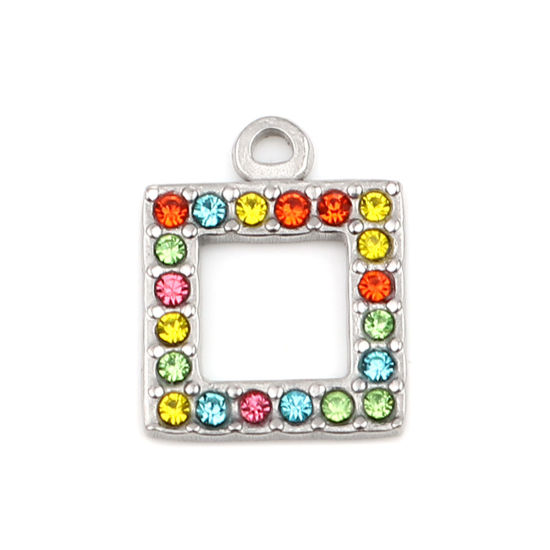 Picture of 304 Stainless Steel Charms Square Silver Tone Multicolor Rhinestone 16mm x 13mm, 2 PCs