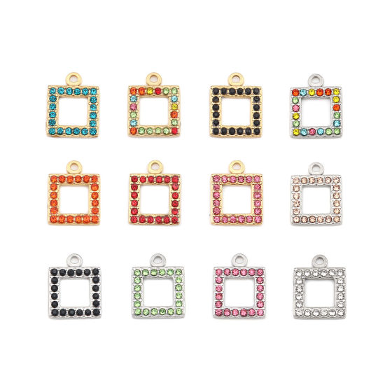 Picture of 304 Stainless Steel Charms Square Silver Tone Multicolor Rhinestone 16mm x 13mm, 2 PCs