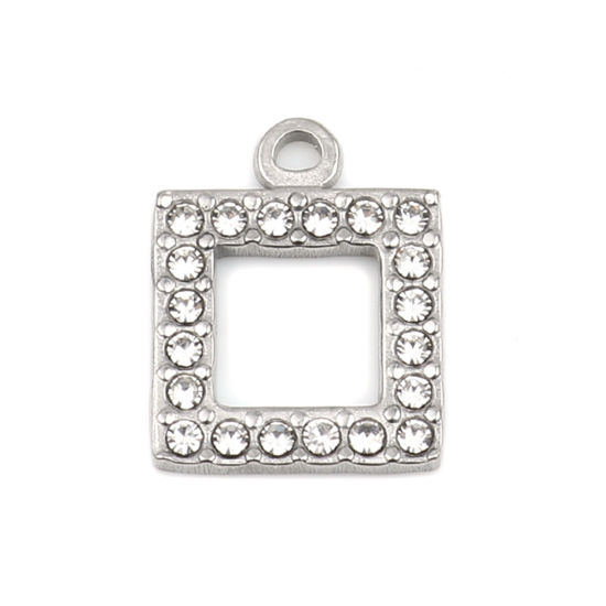Picture of 304 Stainless Steel Charms Square Silver Tone Clear Rhinestone 16mm x 13mm, 2 PCs