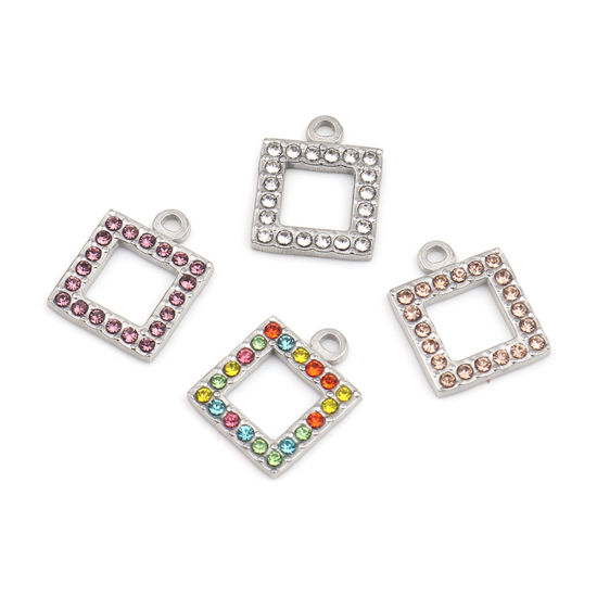 Picture of 304 Stainless Steel Charms Square Silver Tone Clear Rhinestone 16mm x 13mm, 2 PCs