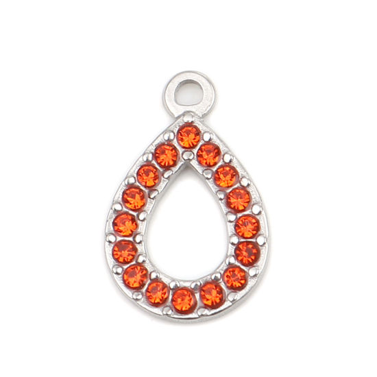 Picture of 304 Stainless Steel Charms Drop Silver Tone Orange-red Rhinestone 18mm x 12mm, 2 PCs