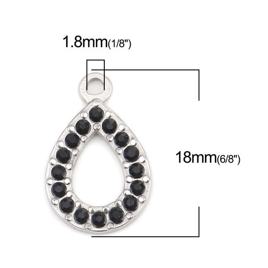 Picture of 304 Stainless Steel Charms Drop Silver Tone Black Rhinestone 18mm x 12mm, 2 PCs