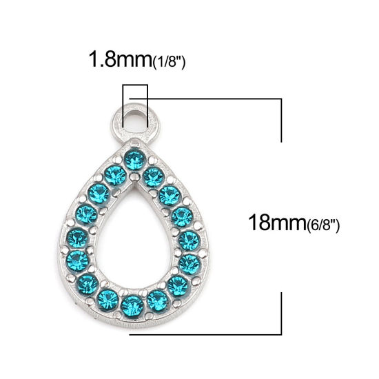 Picture of 304 Stainless Steel Charms Drop Silver Tone Lake Blue Rhinestone 18mm x 12mm, 2 PCs