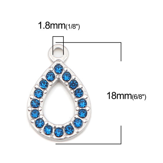 Picture of 304 Stainless Steel Charms Drop Silver Tone Dark Blue Rhinestone 18mm x 12mm, 2 PCs