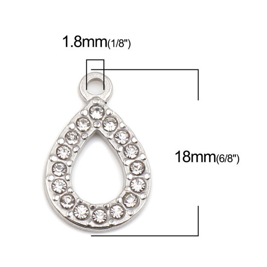 Picture of 304 Stainless Steel Charms Drop Silver Tone Clear Rhinestone 18mm x 12mm, 2 PCs