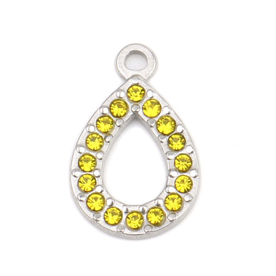 Picture of 304 Stainless Steel Charms Drop Silver Tone Yellow Rhinestone 18mm x 12mm, 2 PCs