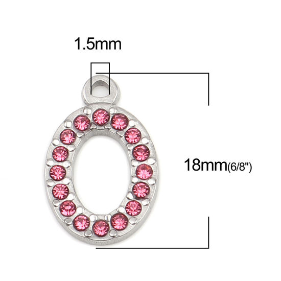 304ステンレス鋼 チャーム 楕円形 シルバートーン ピンク ラインストーン 18mm x 12mm、 2 個 の画像
