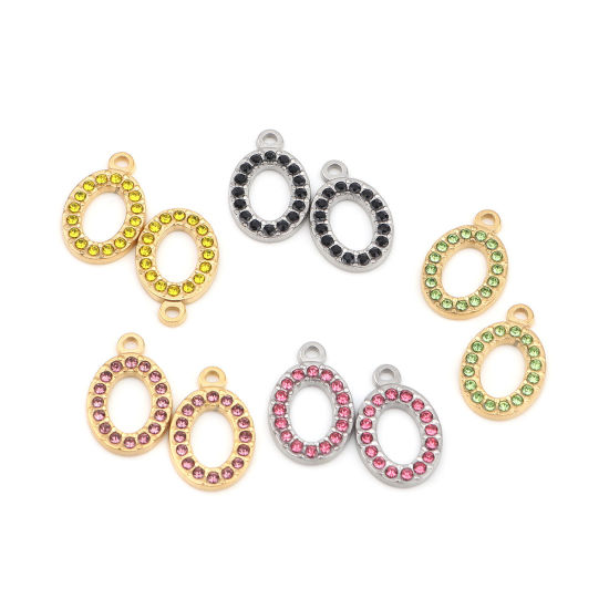 304ステンレス鋼 チャーム 楕円形 シルバートーン ピンク ラインストーン 18mm x 12mm、 2 個 の画像