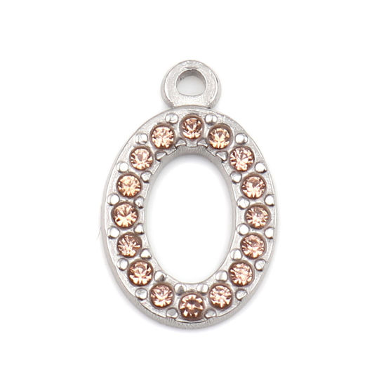 Picture of 304 Stainless Steel Charms Oval Silver Tone Light Orange Rhinestone 18mm x 12mm, 2 PCs