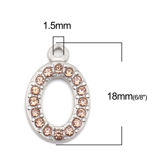 304ステンレス鋼 チャーム 楕円形 シルバートーン ライトオレンジ ラインストーン 18mm x 12mm、 2 個 の画像