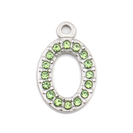 Picture of 304 Stainless Steel Charms Oval Silver Tone Green Rhinestone 18mm x 12mm, 2 PCs
