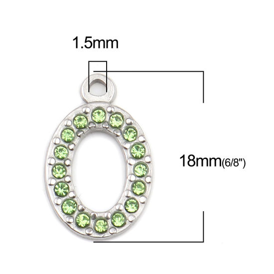 304ステンレス鋼 チャーム 楕円形 シルバートーン 緑 ラインストーン 18mm x 12mm、 2 個 の画像