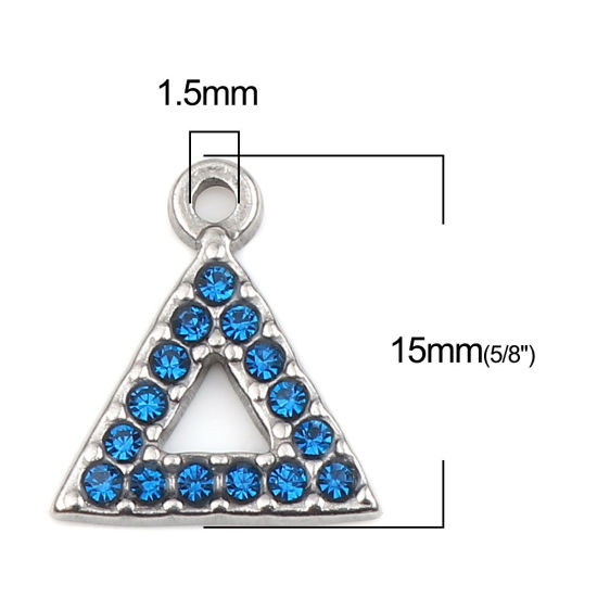 Immagine di 304 Acciaio Inossidabile Charms Triangolo Tono Argento Blu Notte Strass 15mm x 13mm, 2 Pz