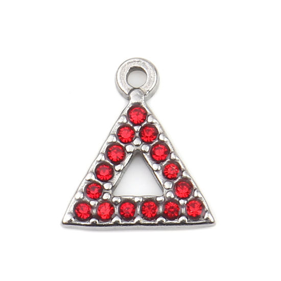 Picture of 304 Stainless Steel Charms Triangle Silver Tone Red Rhinestone 15mm x 13mm, 2 PCs