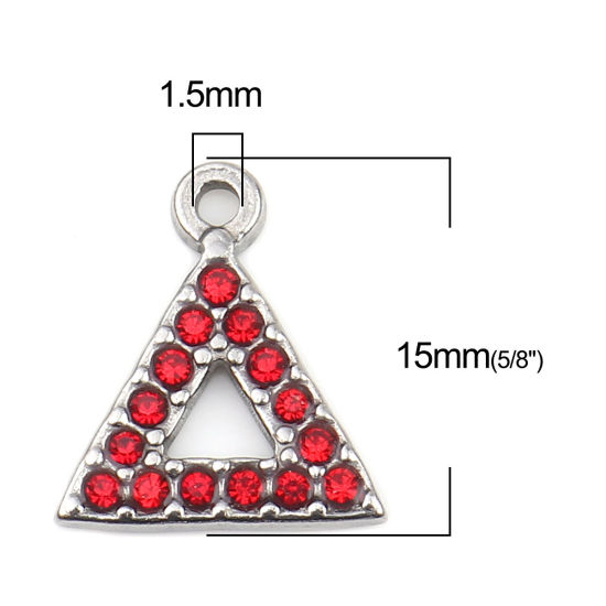 Immagine di 304 Acciaio Inossidabile Charms Triangolo Tono Argento Rosso Strass 15mm x 13mm, 2 Pz