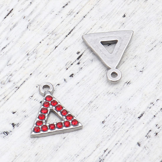 Immagine di 304 Acciaio Inossidabile Charms Triangolo Tono Argento Rosso Strass 15mm x 13mm, 2 Pz