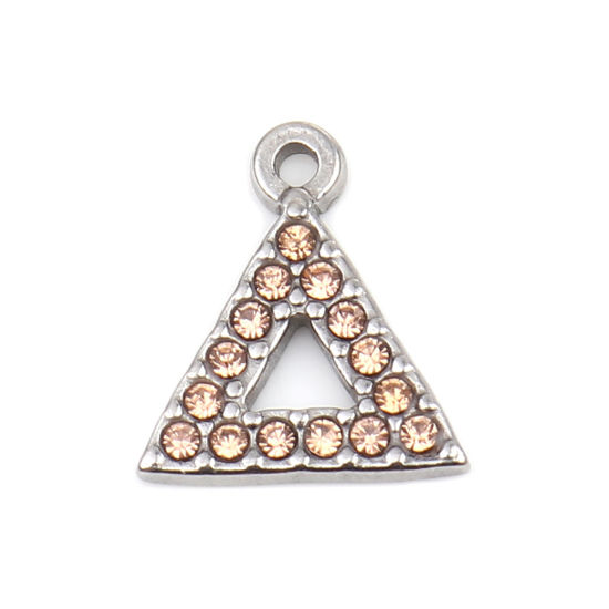 Immagine di 304 Acciaio Inossidabile Charms Triangolo Tono Argento Arancione Chiaro Strass 15mm x 13mm, 2 Pz