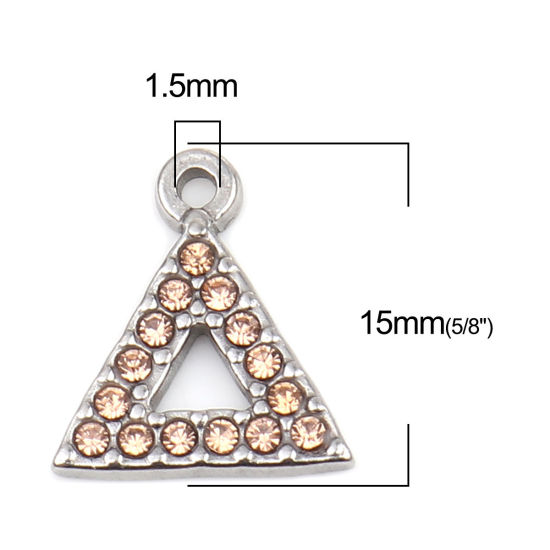 Immagine di 304 Acciaio Inossidabile Charms Triangolo Tono Argento Arancione Chiaro Strass 15mm x 13mm, 2 Pz