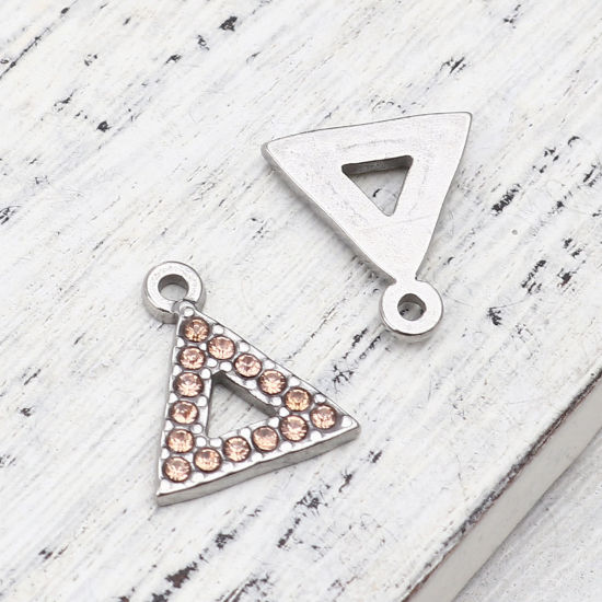 Immagine di 304 Acciaio Inossidabile Charms Triangolo Tono Argento Arancione Chiaro Strass 15mm x 13mm, 2 Pz