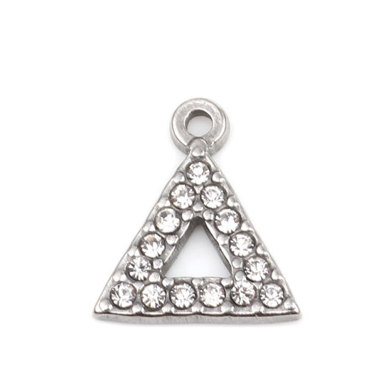 Picture of 304 Stainless Steel Charms Triangle Silver Tone Clear Rhinestone 15mm x 13mm, 2 PCs