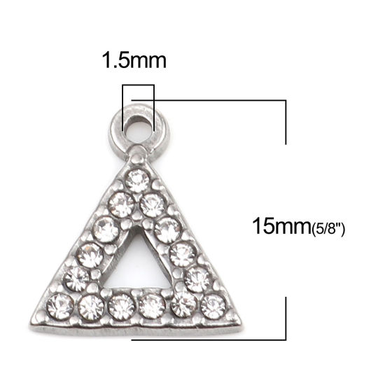Immagine di 304 Acciaio Inossidabile Charms Triangolo Tono Argento Trasparente Strass 15mm x 13mm, 2 Pz