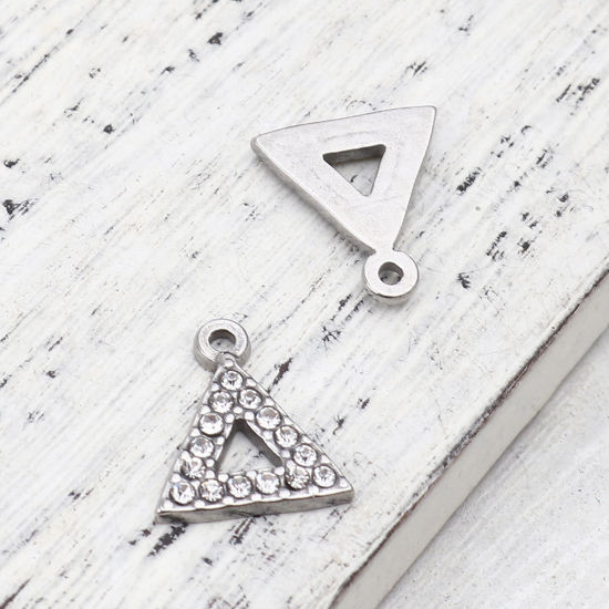 Immagine di 304 Acciaio Inossidabile Charms Triangolo Tono Argento Trasparente Strass 15mm x 13mm, 2 Pz