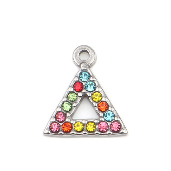 Immagine di 304 Acciaio Inossidabile Charms Triangolo Tono Argento Multicolore Strass 15mm x 13mm, 2 Pz