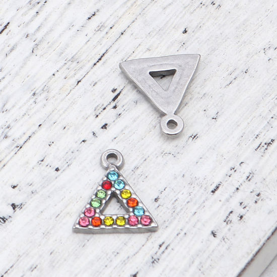 Immagine di 304 Acciaio Inossidabile Charms Triangolo Tono Argento Multicolore Strass 15mm x 13mm, 2 Pz